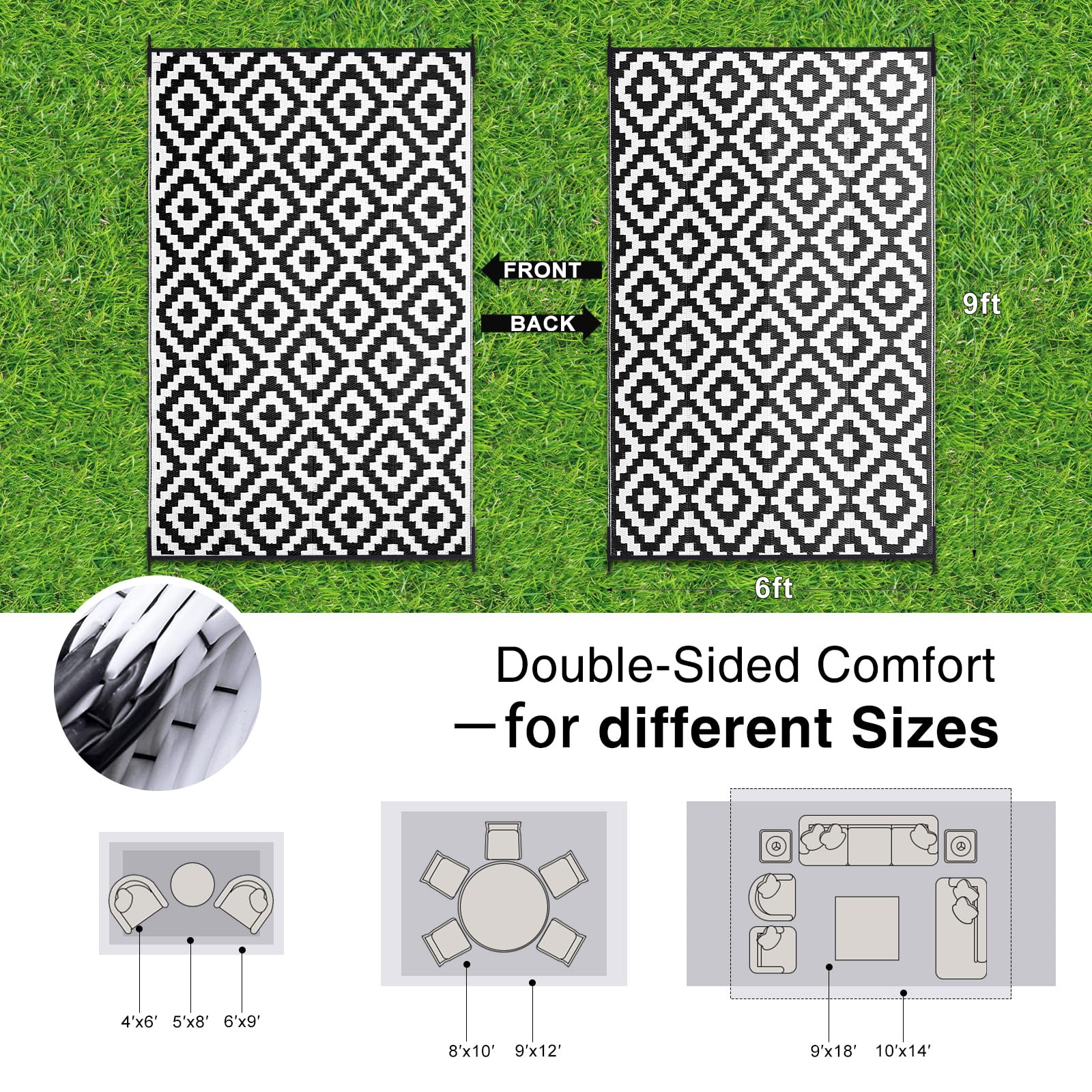 OLANLY outdoor rug 6x9 ft black and white geometric pattern reversed