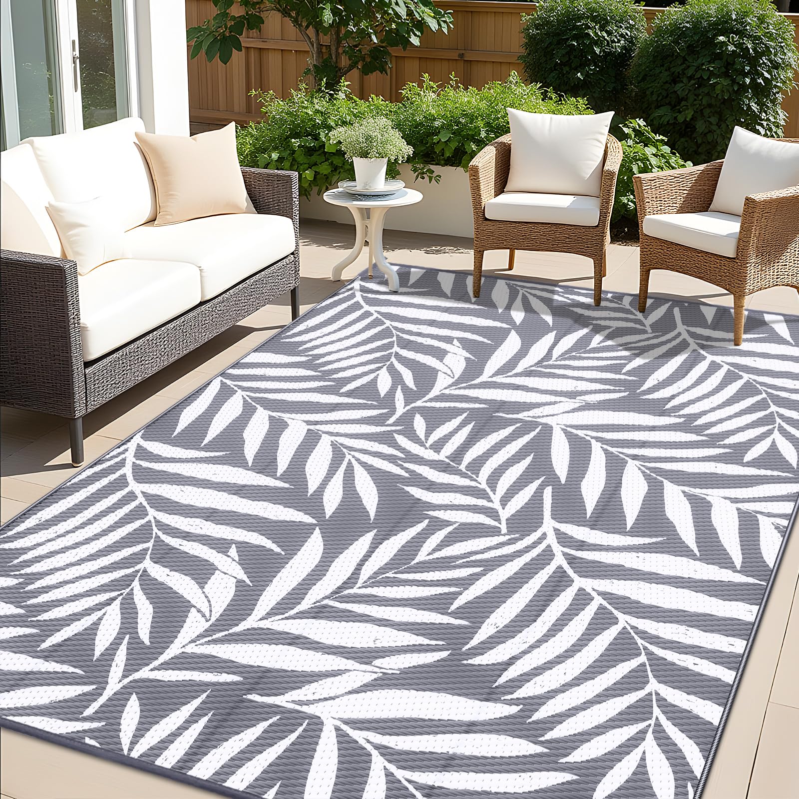 OLANLY Outdoor Rug 6x9 ft grey and white leaf design front view