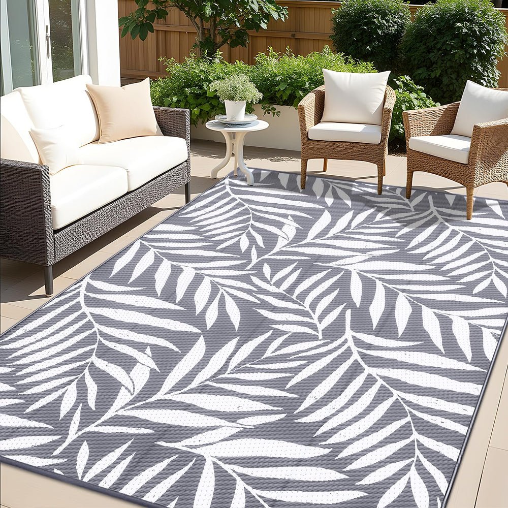OLANLY Outdoor Rug 6x9 ft grey and white leaf design front view