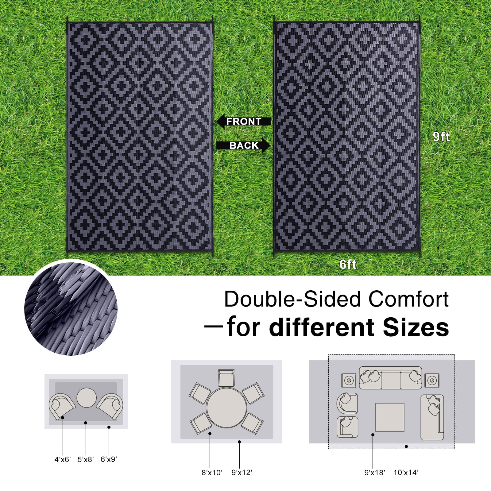 OLANLY Outdoor Rug 6x9 ft showing reversible black and grey sides