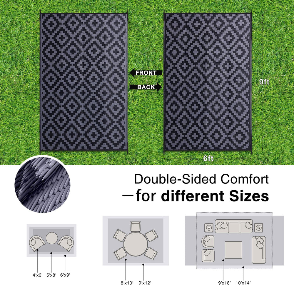 OLANLY Outdoor Rug 6x9 ft showing reversible black and grey sides