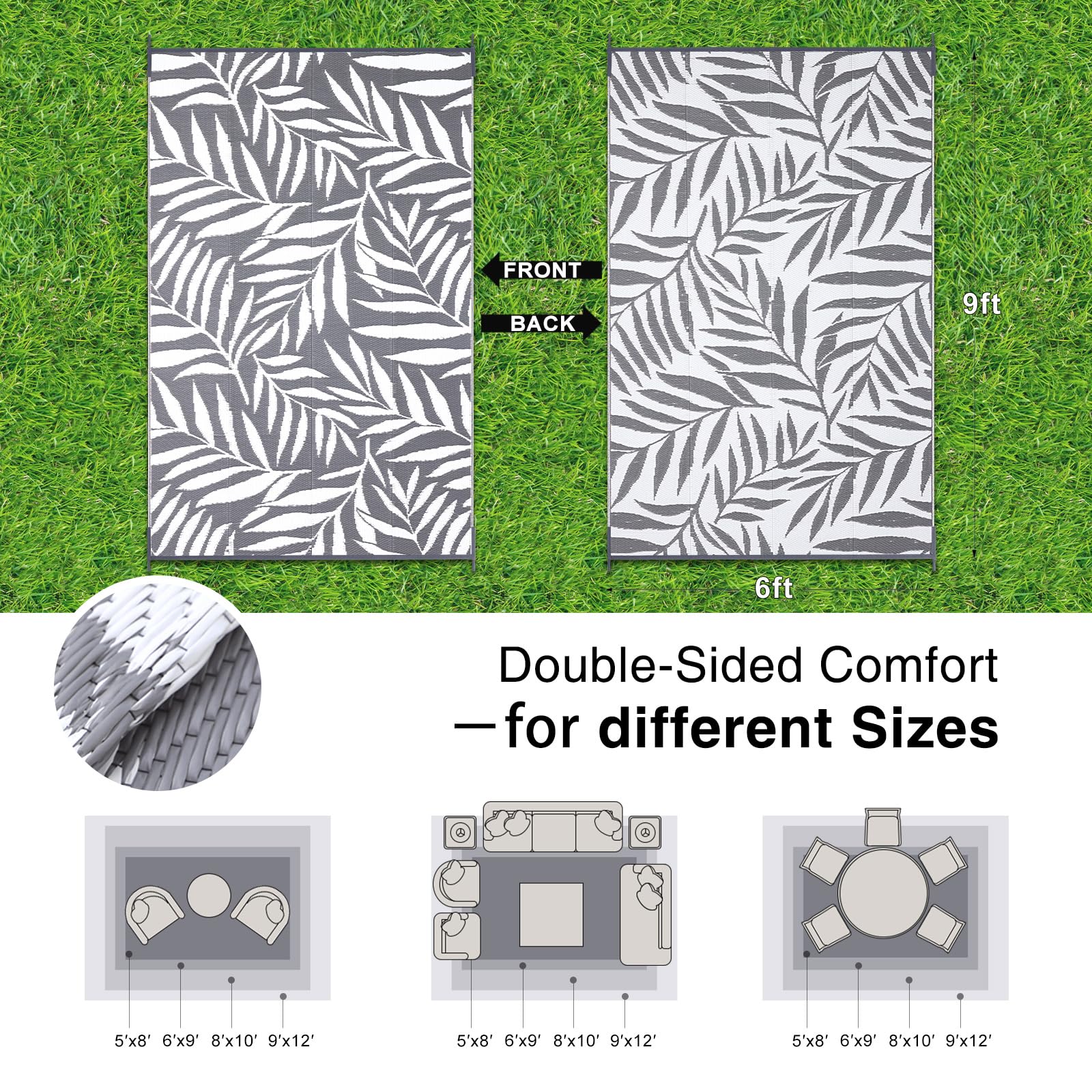 OLANLY Outdoor Rug 6x9 ft with tropical leaf patterns side view