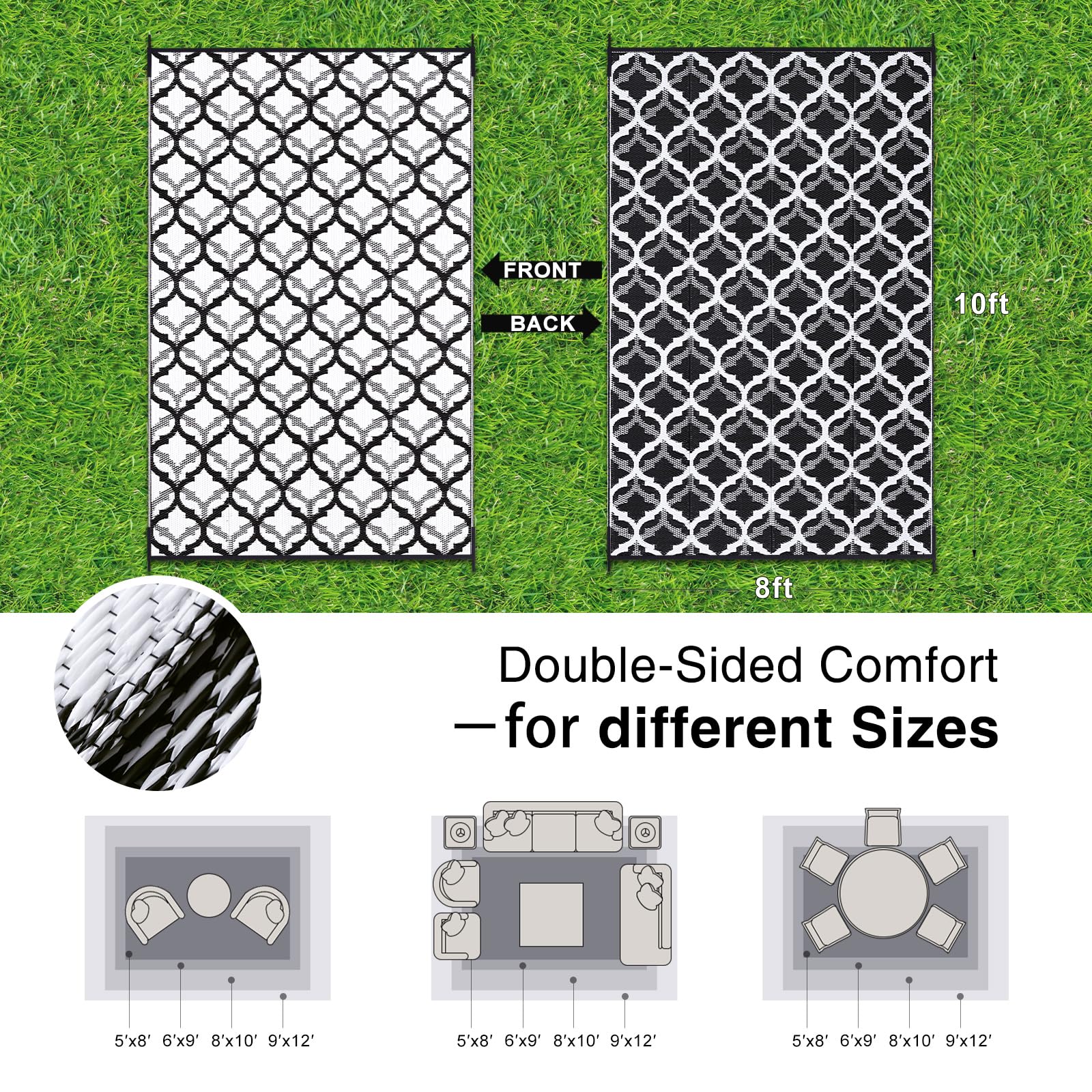 OLANLY Outdoor Rug 8x10 ft Black & White on patio