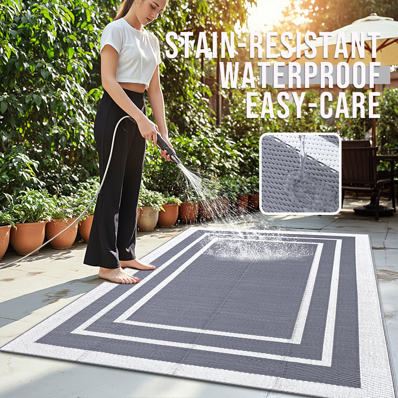 OLANLY Outdoor Rug in a picnic setting on a grass lawn