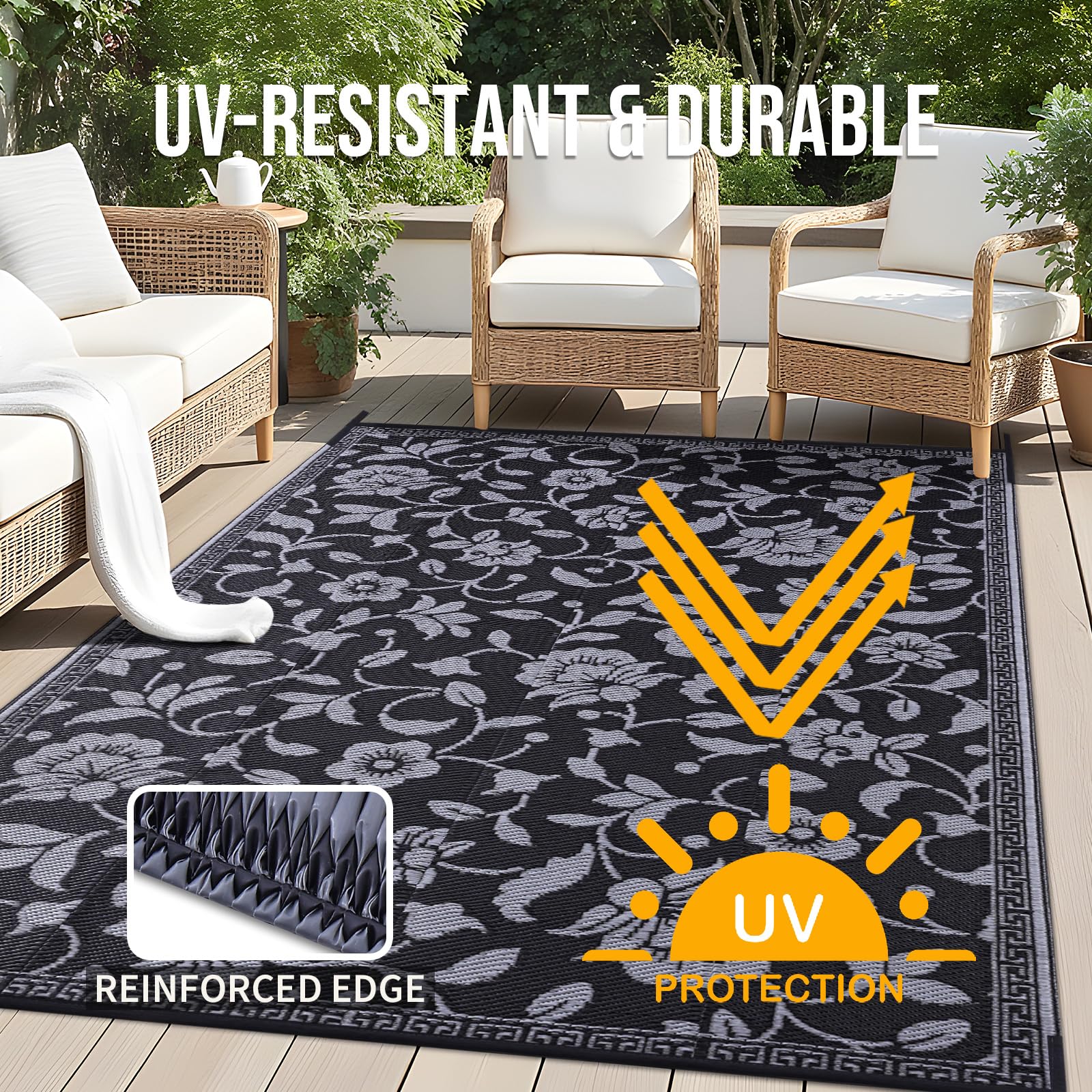 OLANLY outdoor rug laid out on patio with floral design