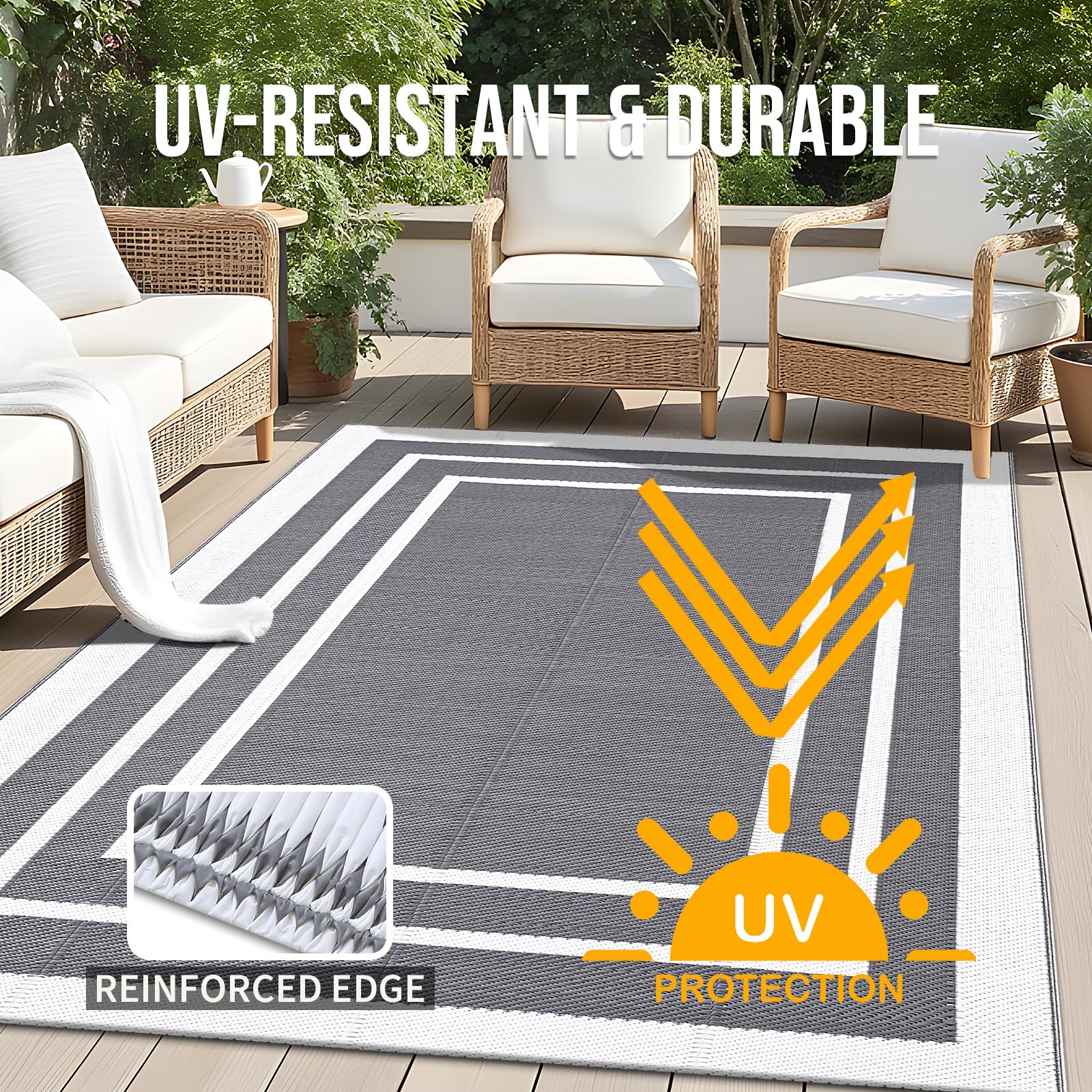 OLANLY Outdoor Rug showing the reversible grey and white pattern