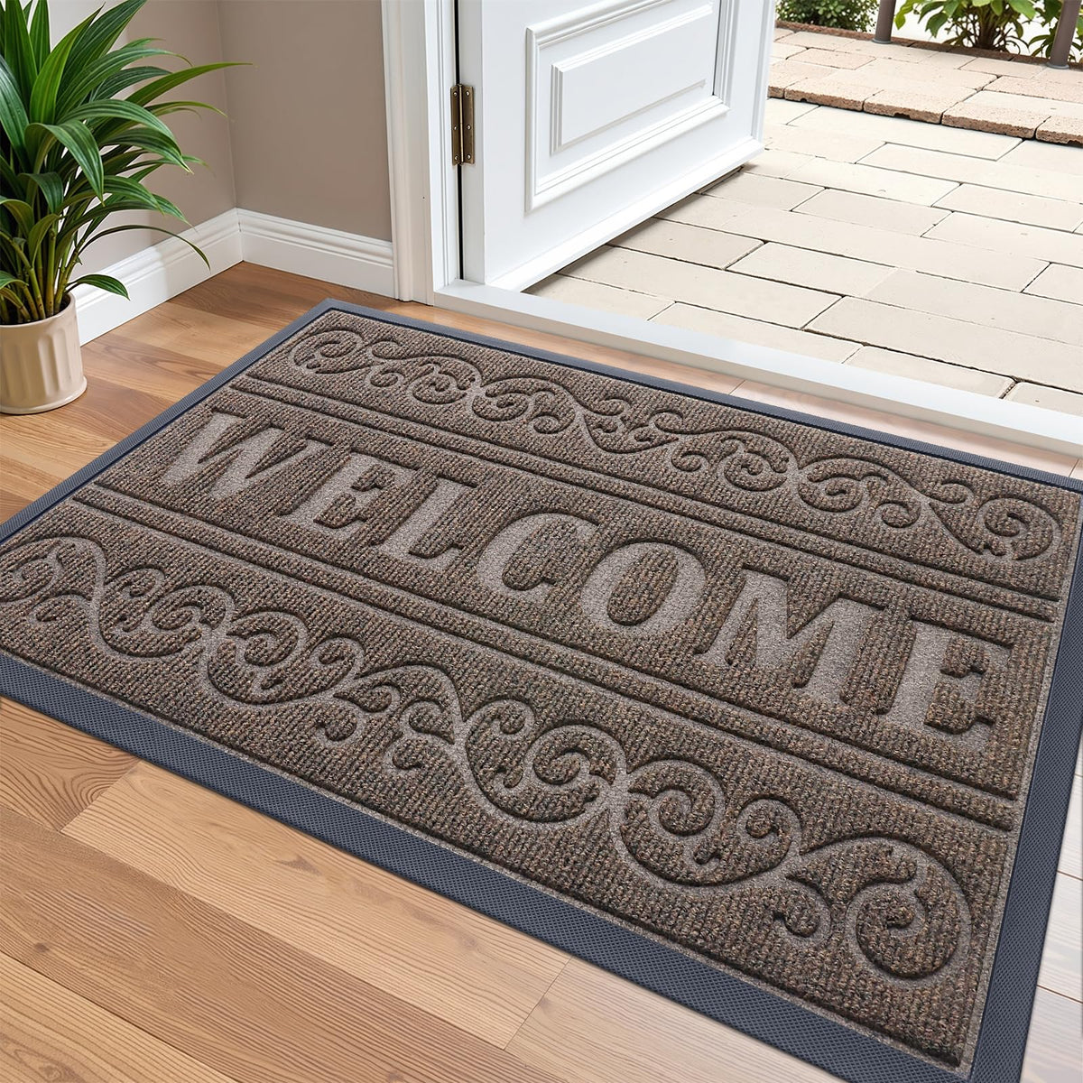 OLANLY Welcome Door Mat 36x24 front view medium brown