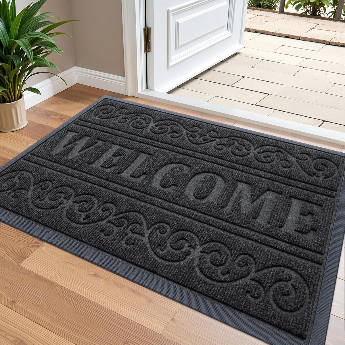 OLANLY Welcome Door Mat black front view