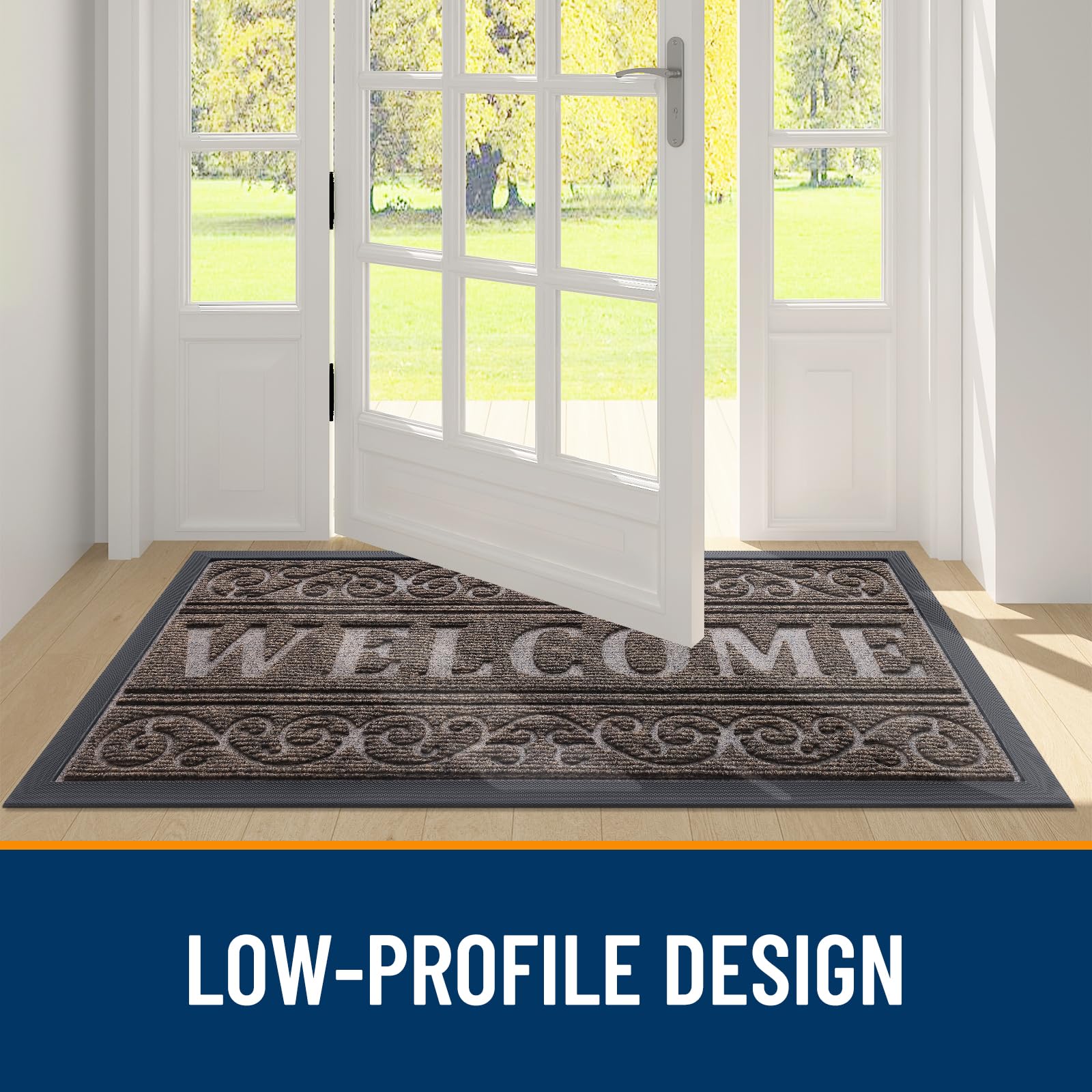 OLANLY Welcome Door Mat in a garden setting