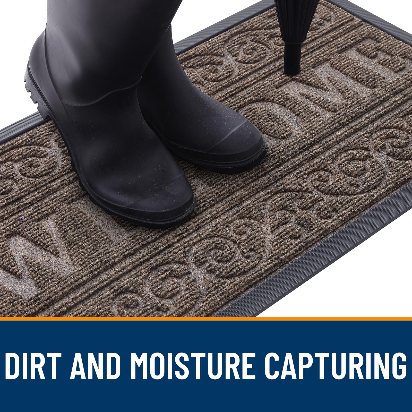 OLANLY Welcome Door Mat showing dirt capture grooves