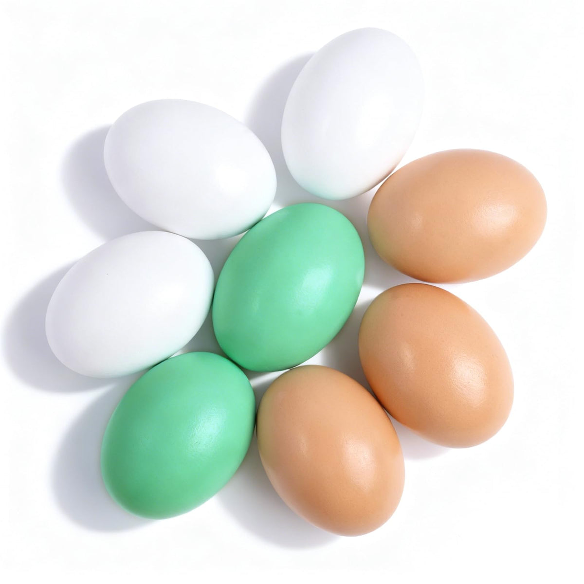 Oligei 8PCS Wooden Fake Eggs in green, white, and brown colors