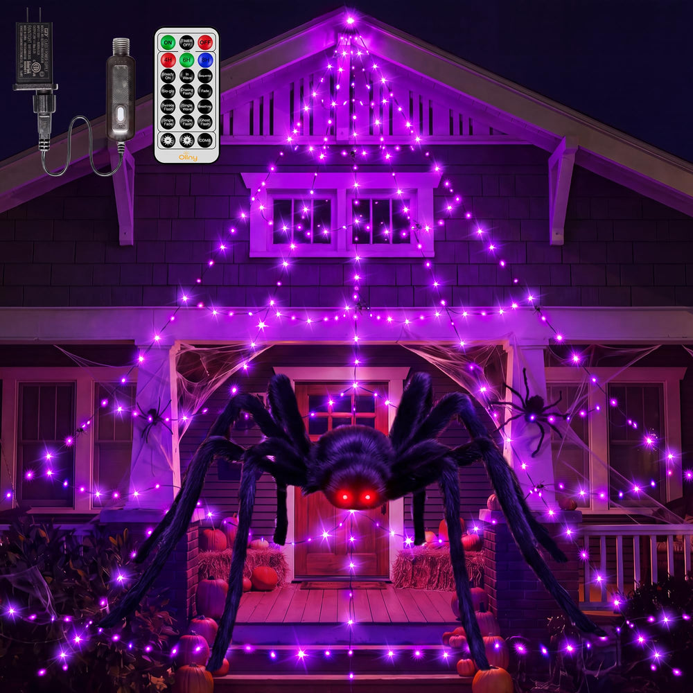 Ollny Halloween Spider Web Lights with 454 LEDs and red-eyed spider