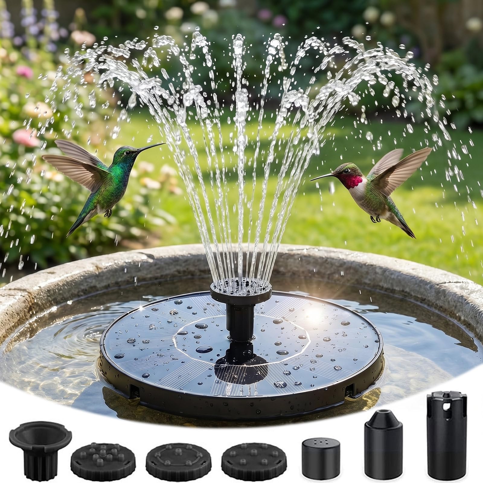 Olutula Solar Bird Bath Fountain front view with 7 nozzles
