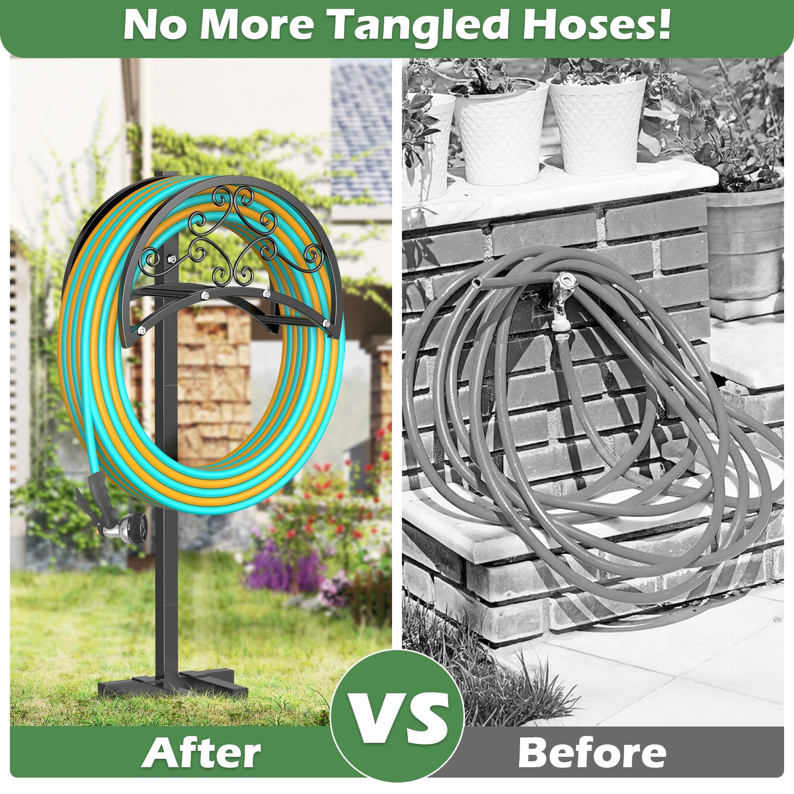OLV Garden Hose Holder in a garden setting with flowers