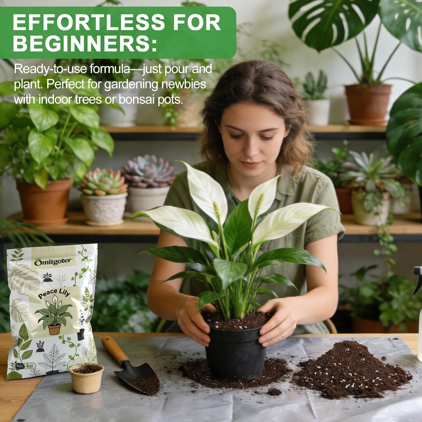 Omitgoter Peace Lily Potting Soil in use with indoor plants