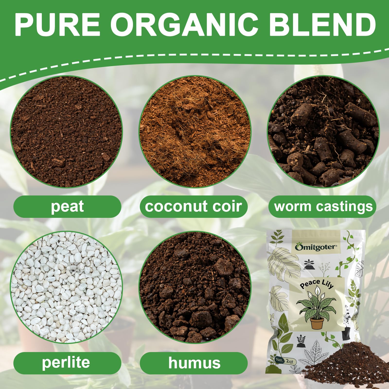 Omitgoter Peace Lily Potting Soil packaging with details