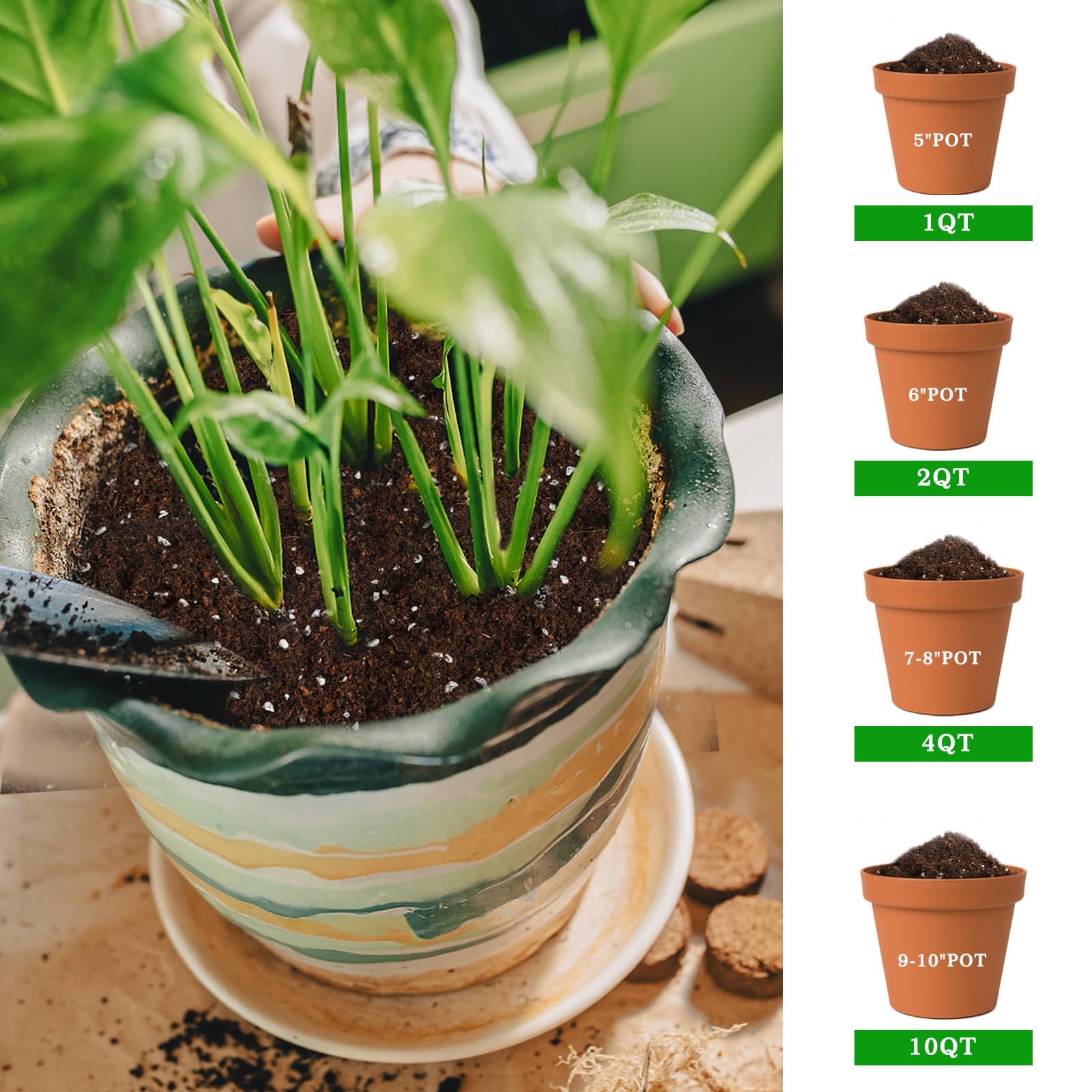 Omitgoter Tropical Potting Mix 1qt displayed on a garden table with tools