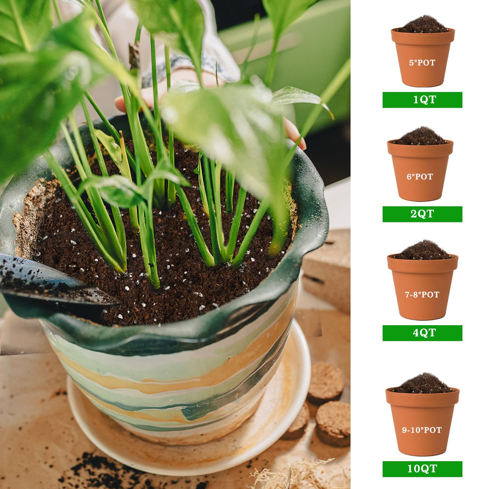 Omitgoter Tropical Potting Mix 1qt displayed on a garden table with tools