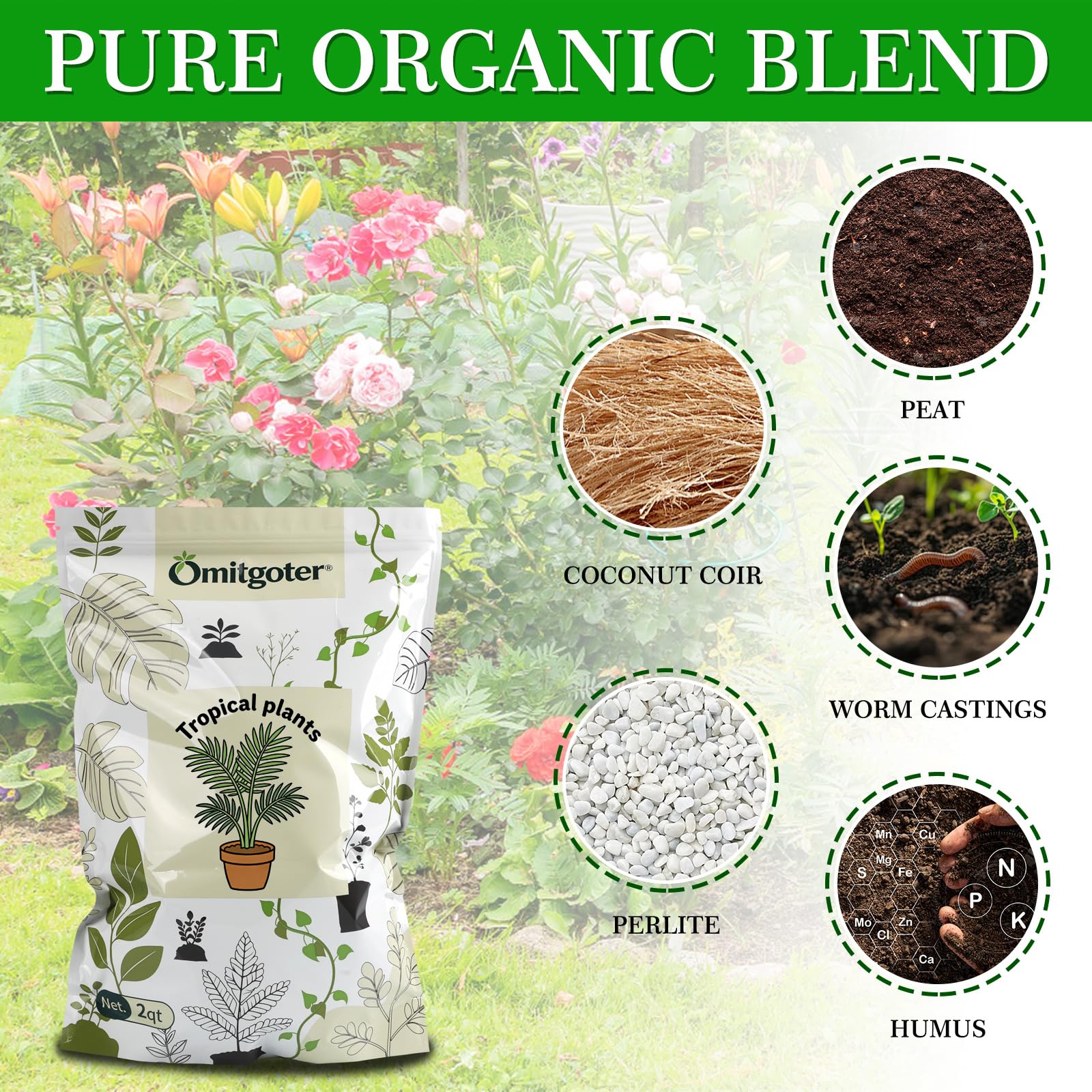 Omitgoter Tropical Potting Mix 1qt side view showing ingredients