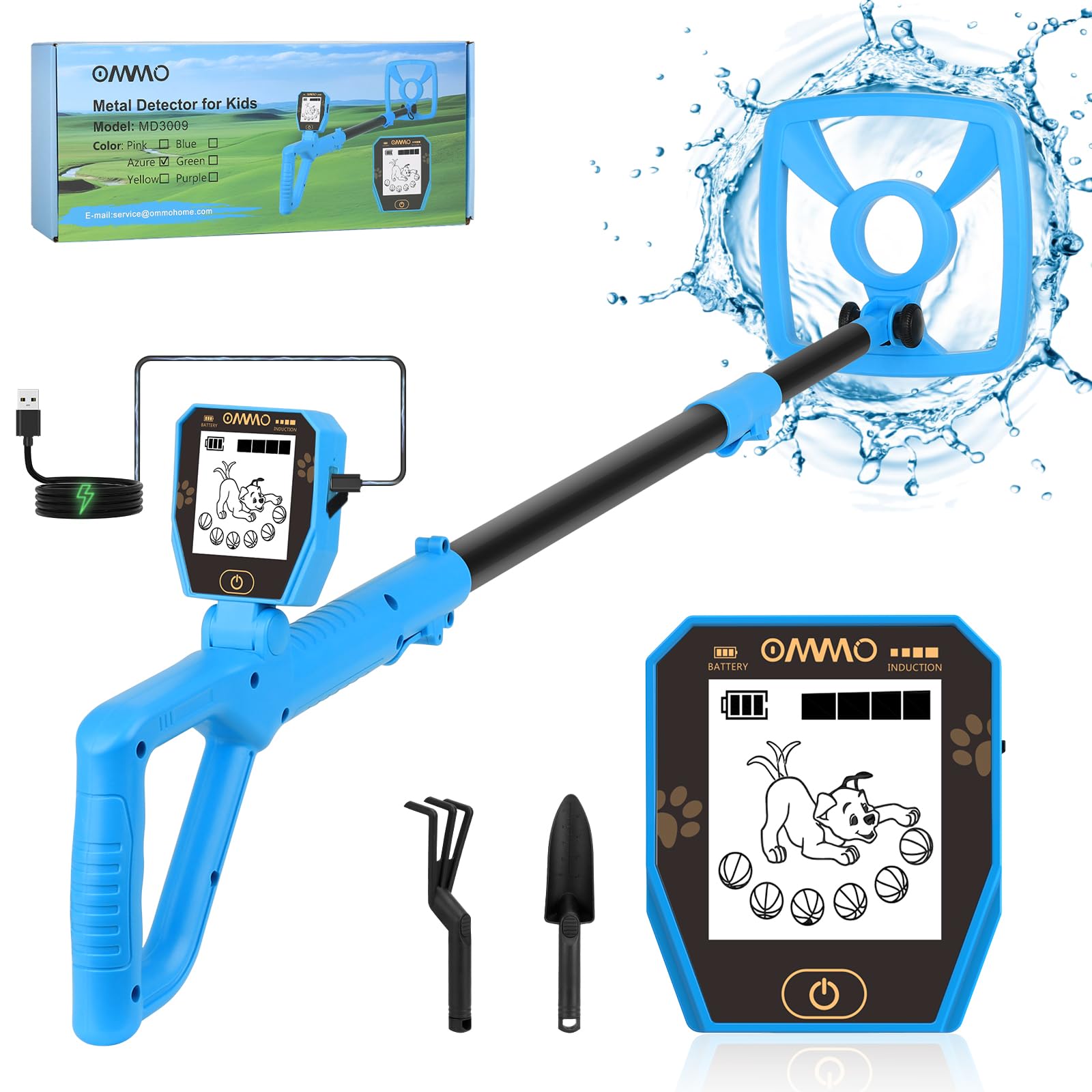 OMMO Kids Metal Detector front view with puppy LCD display