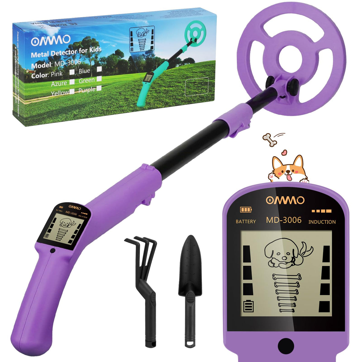 OMMO Kids Metal Detector purple model front view with LCD display