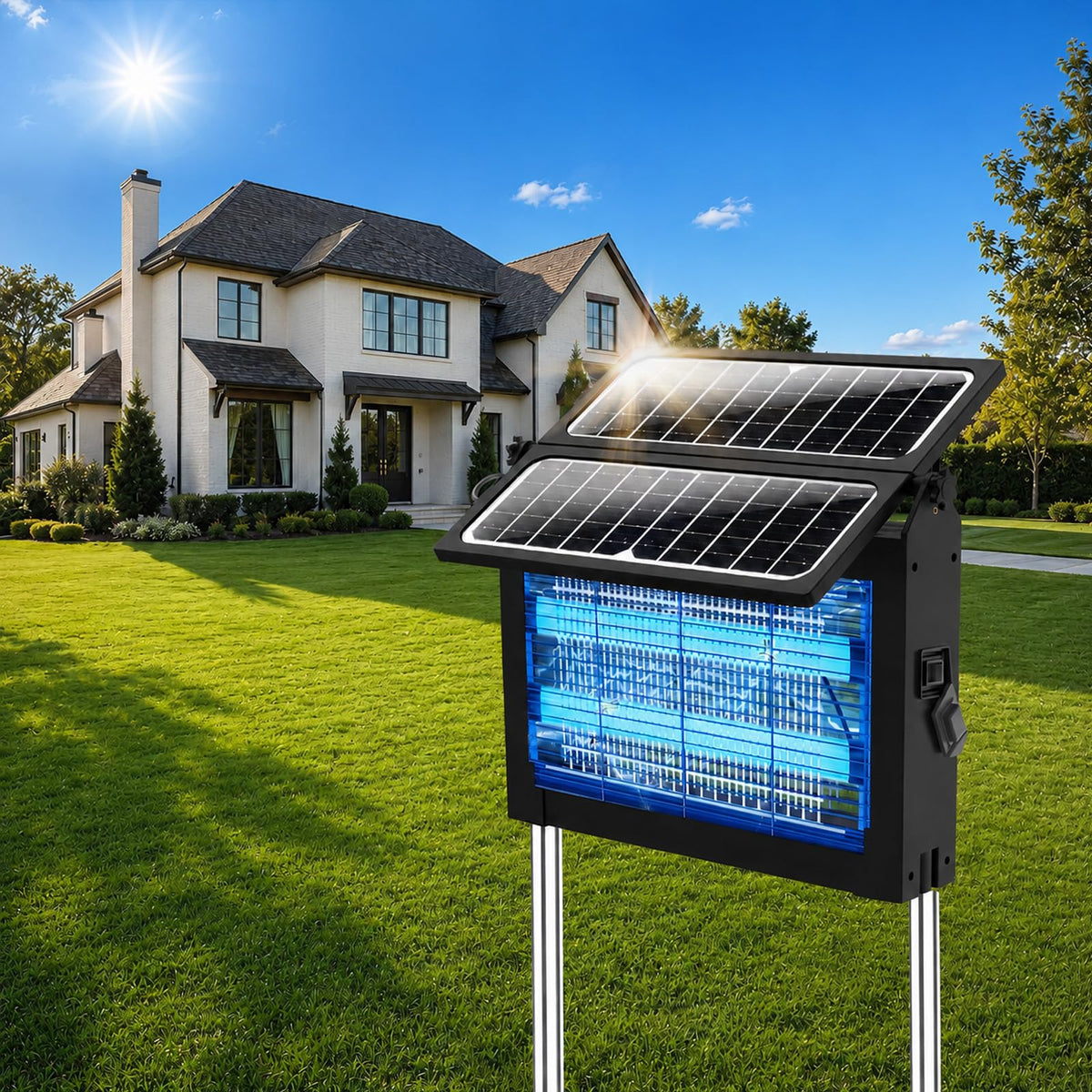 OnBeam Solar Bug Zapper Outdoor front view with dual solar panels
