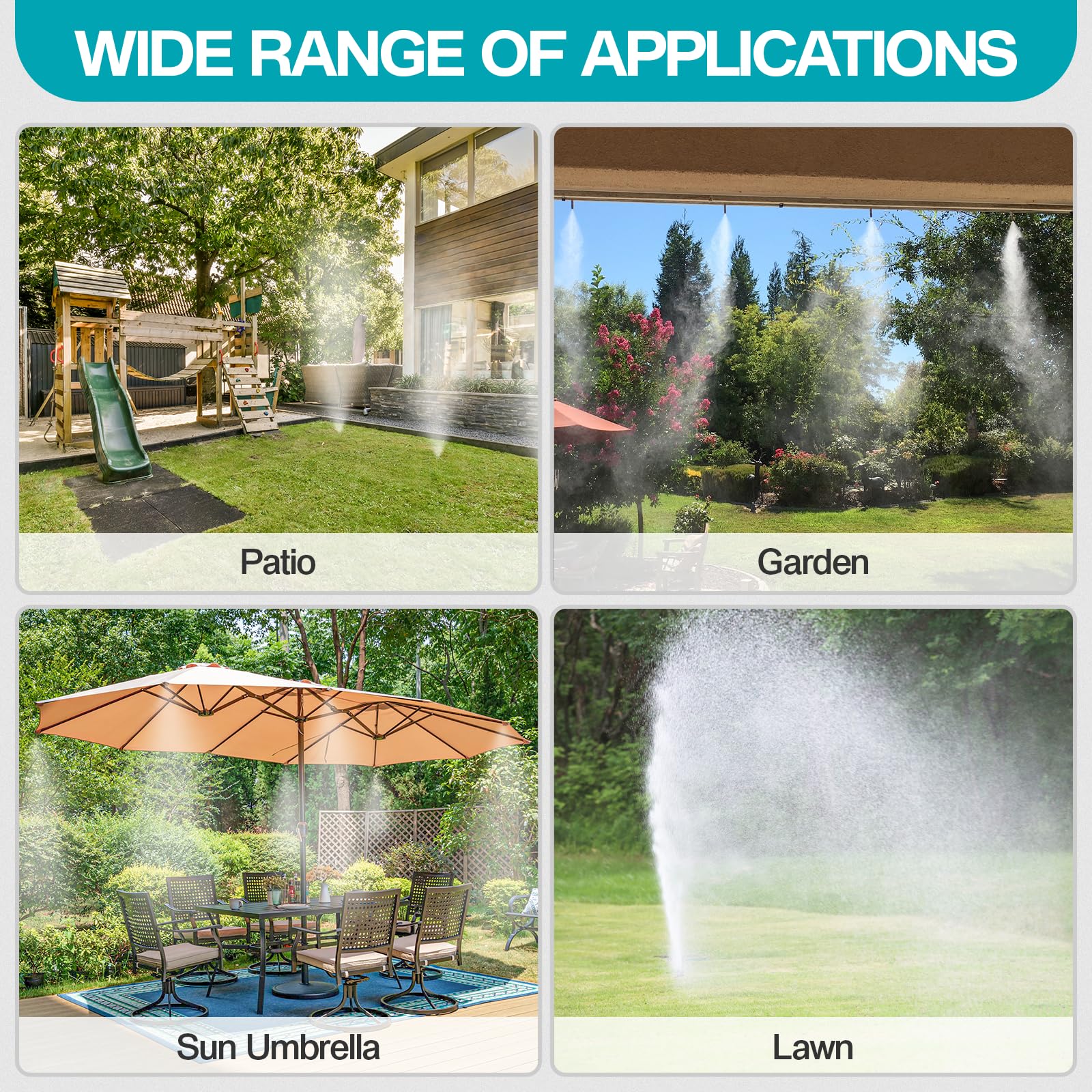OnBrand misting system operating with fine mist in a garden