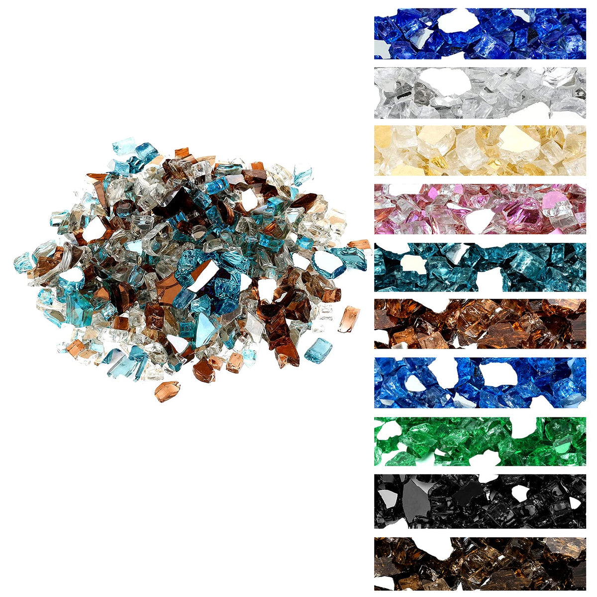 onlyfire 10 lbs fire glass rocks in aqua blue, platinum, and copper colors