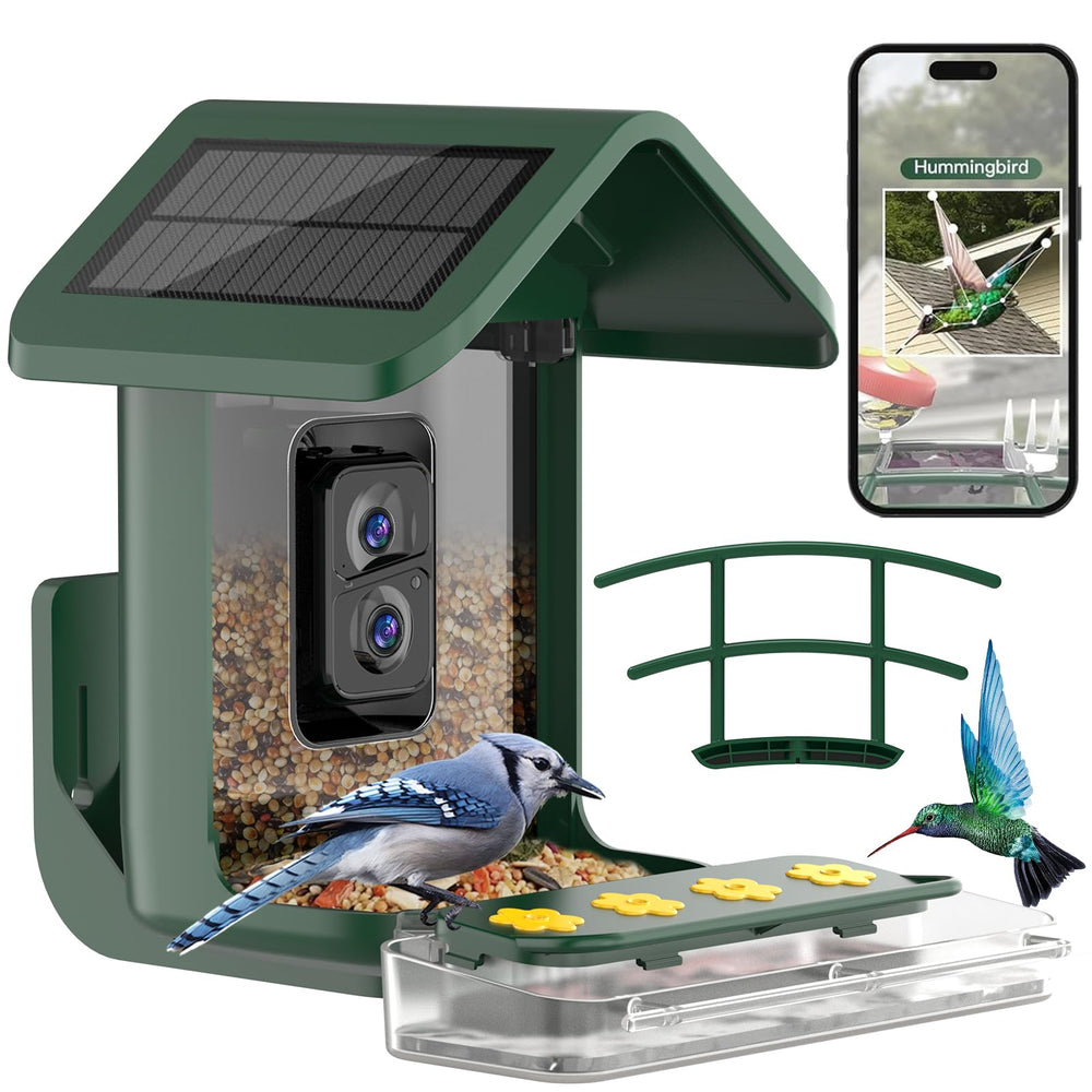 onlyfly bird feeder deep green with camera and solar panels