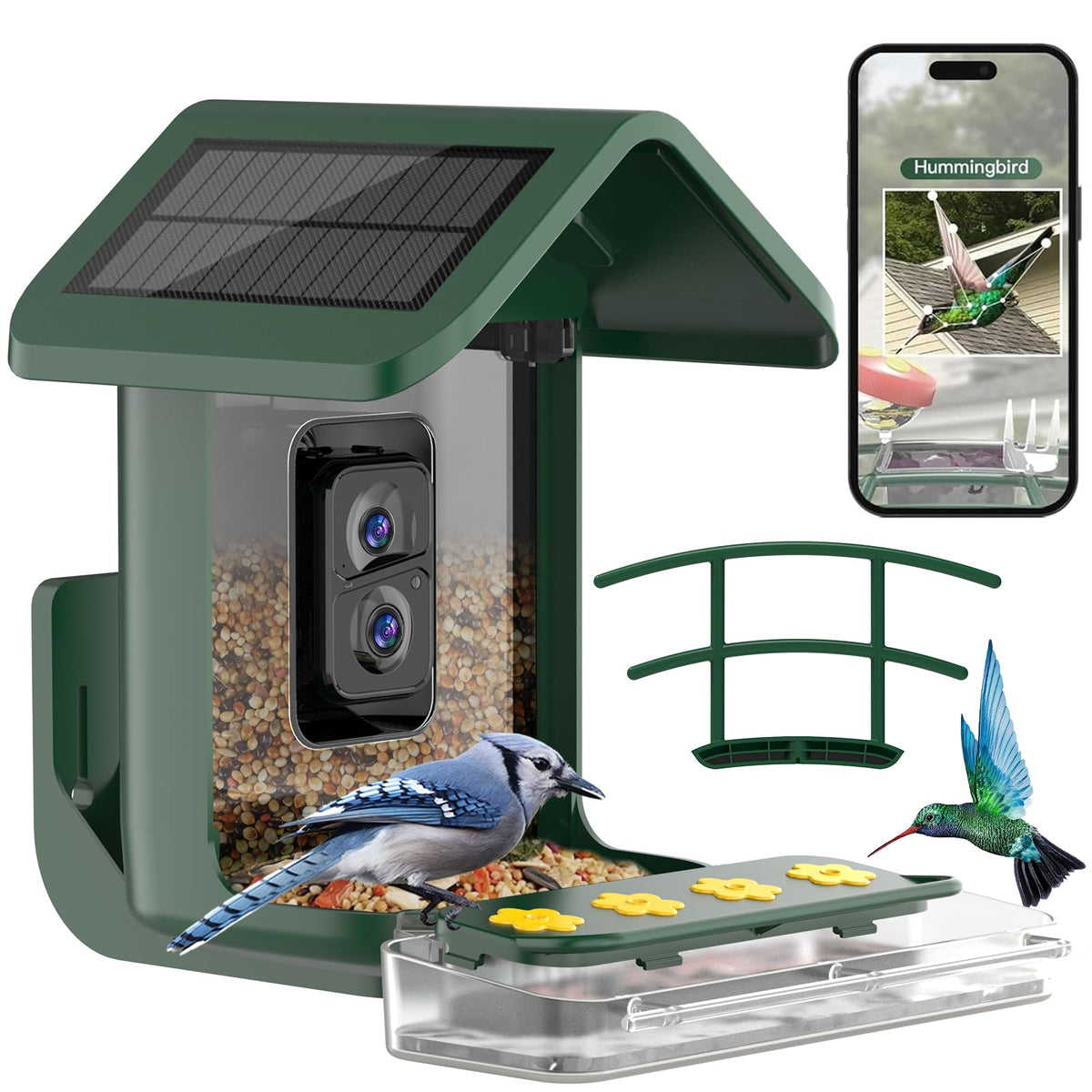 onlyfly bird feeder deep green with camera and solar panels