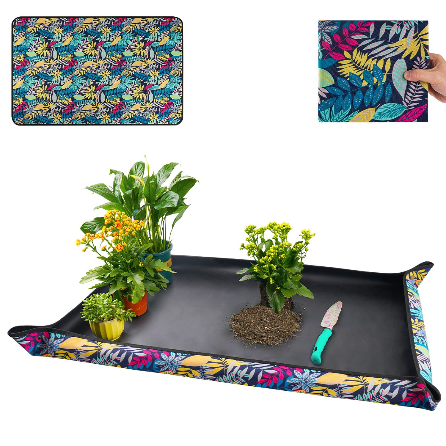 Onlysuki Extra Large Repotting Mat front view with colorful leaf print
