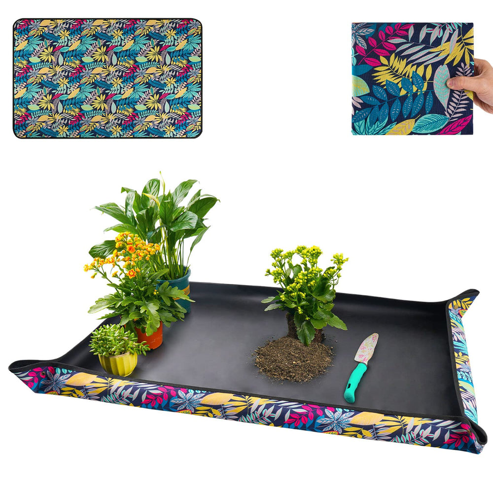 Onlysuki Extra Large Repotting Mat front view with colorful leaf print