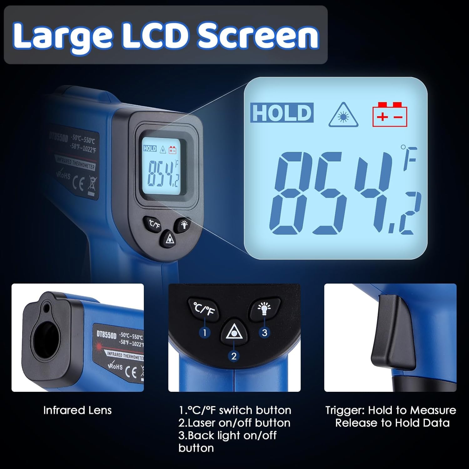 OnniFlame Infrared Thermometer Gun side view with LCD display