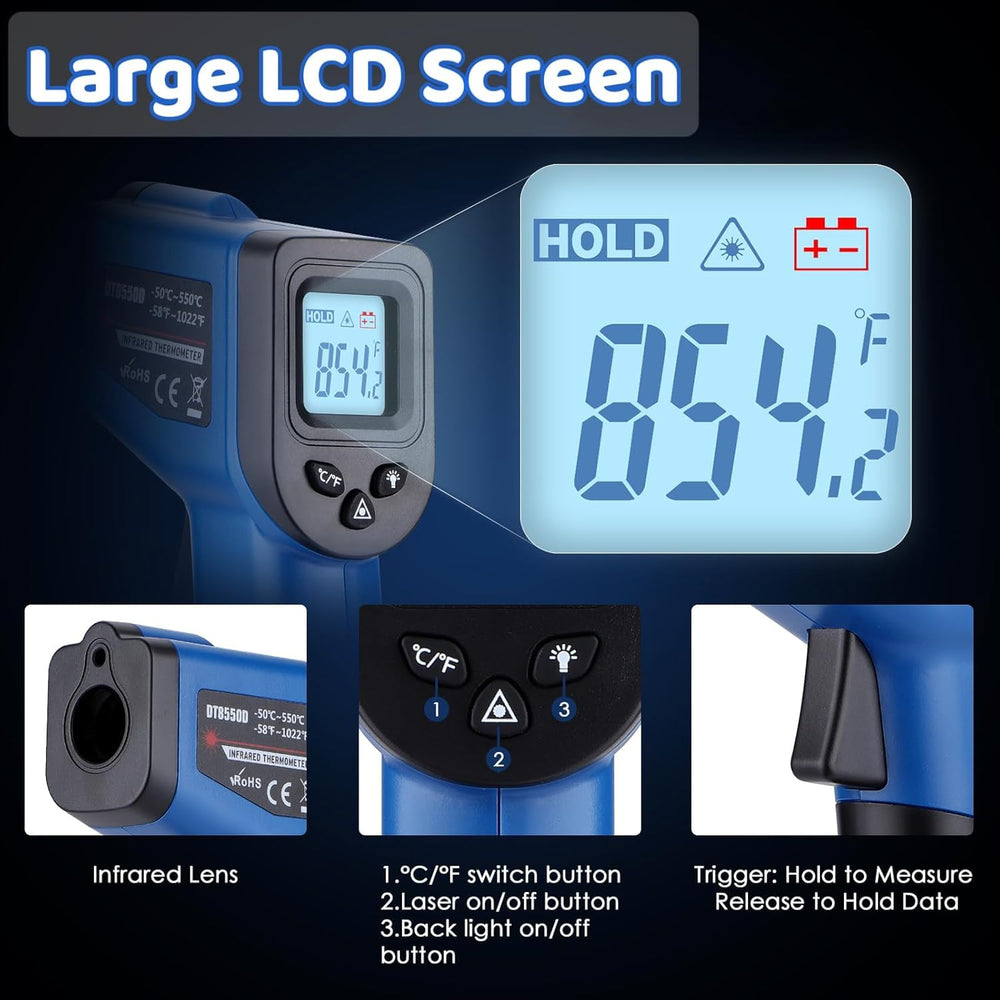 OnniFlame Infrared Thermometer Gun side view with LCD display