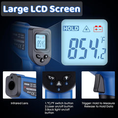 OnniFlame Infrared Thermometer Gun side view with LCD display
