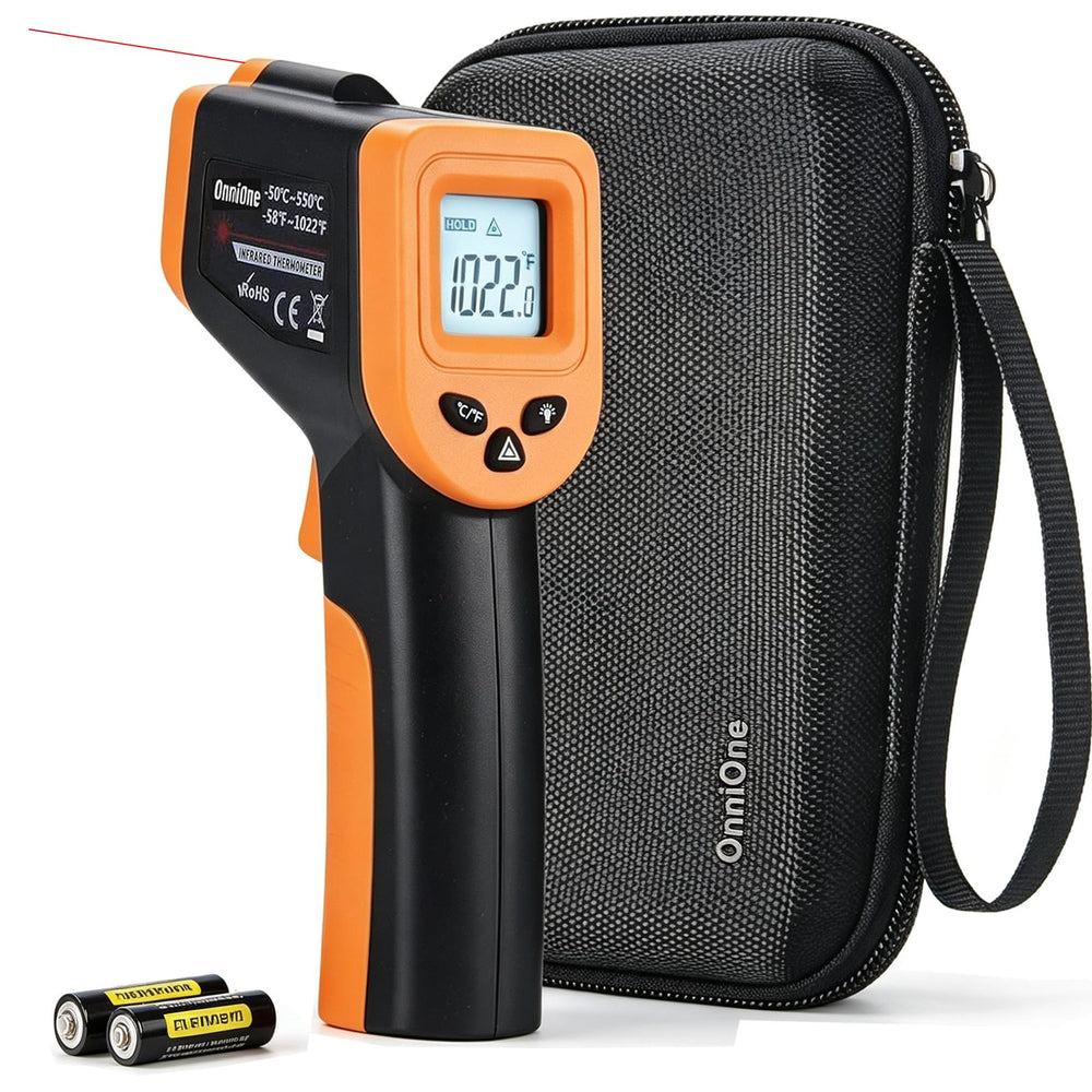 OnniOne Infrared Thermometer Gun front view with backlit screen