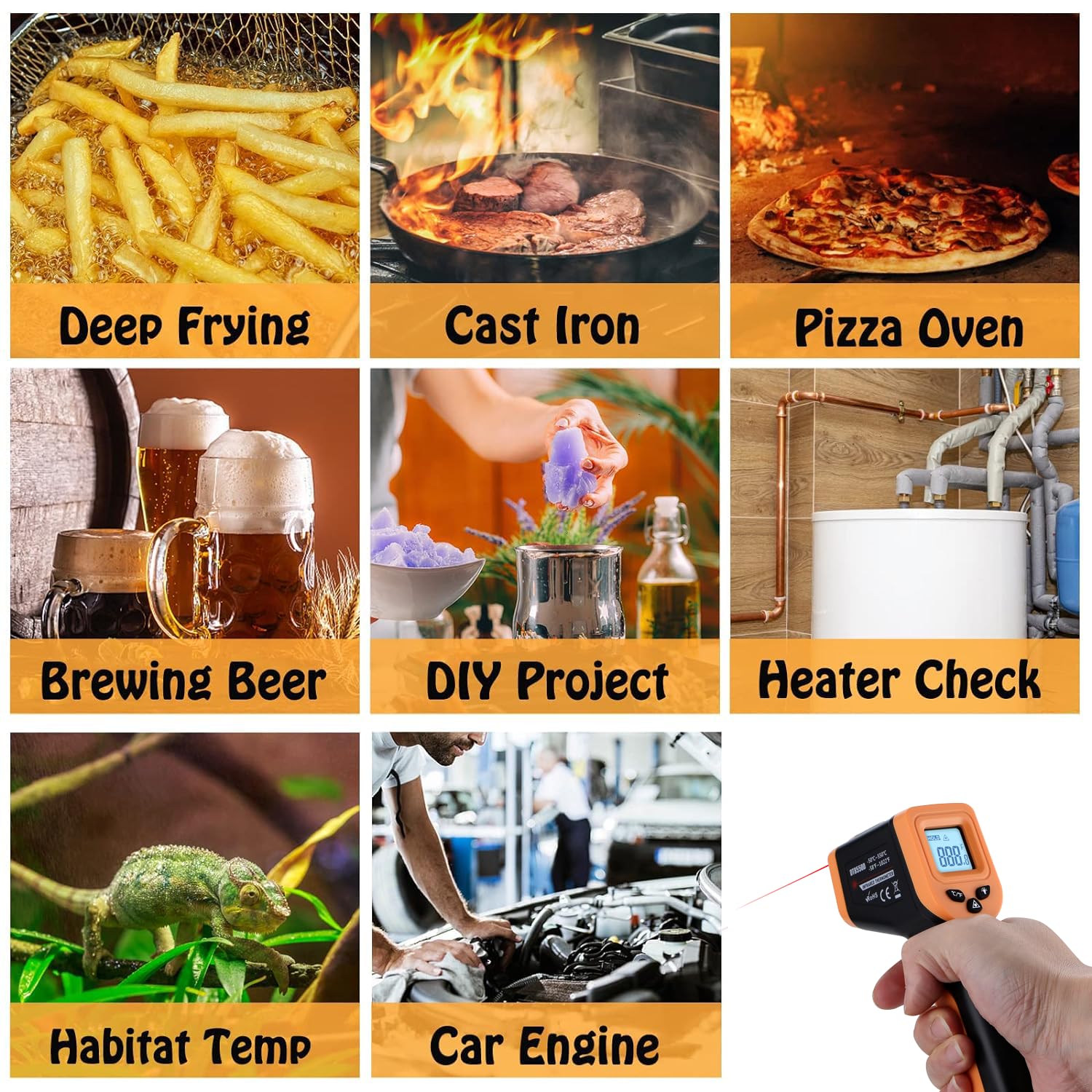 OnniOne Infrared Thermometer Gun showing temperature on pizza oven