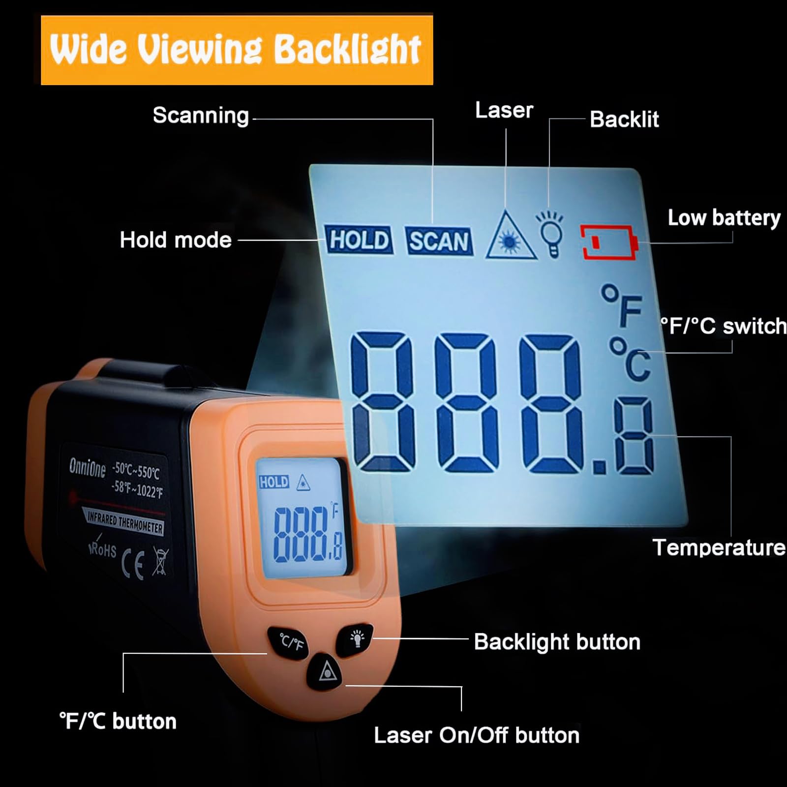 OnniOne Infrared Thermometer Gun with AAA batteries