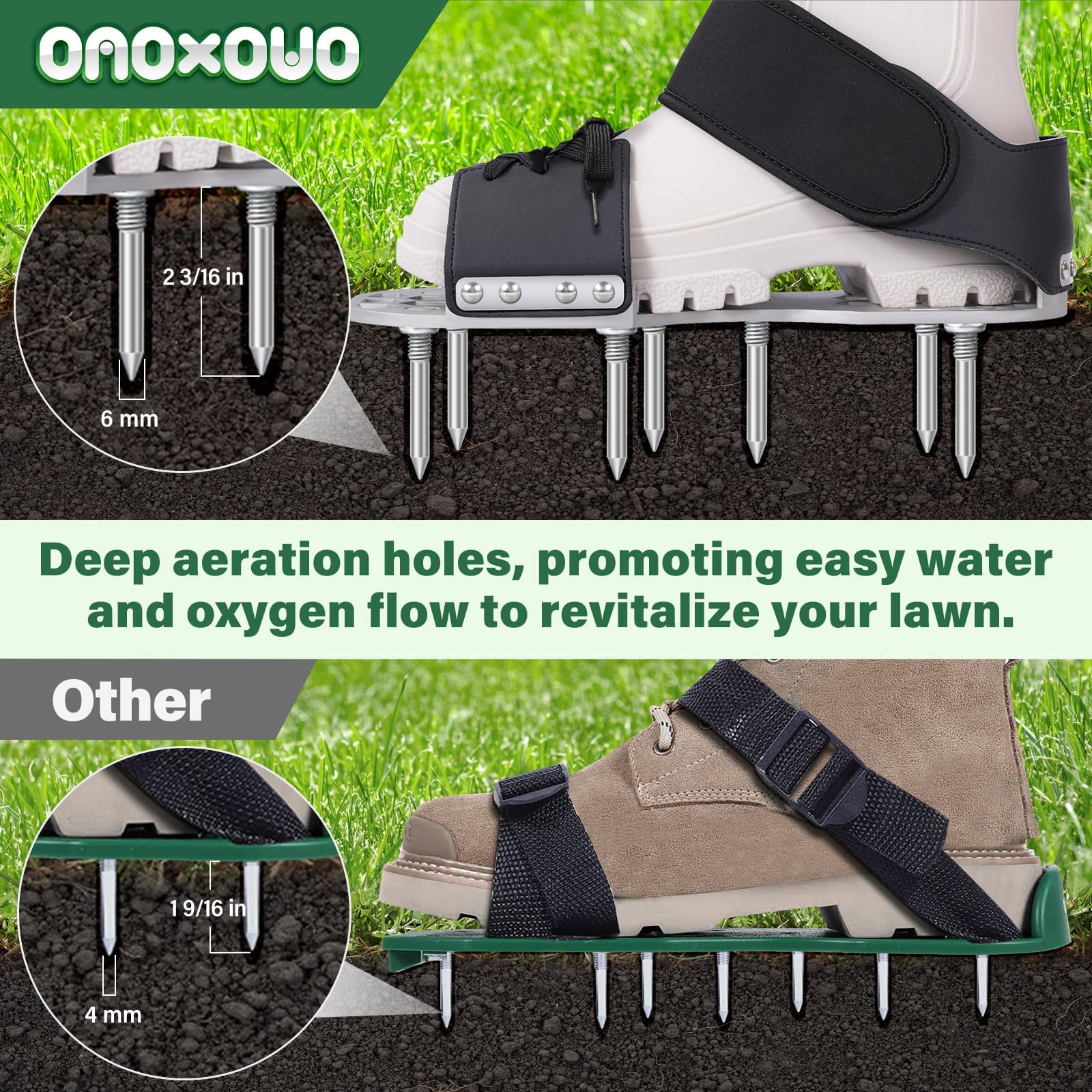 onoxouo Lawn Aerator Shoes in use on a grassy lawn