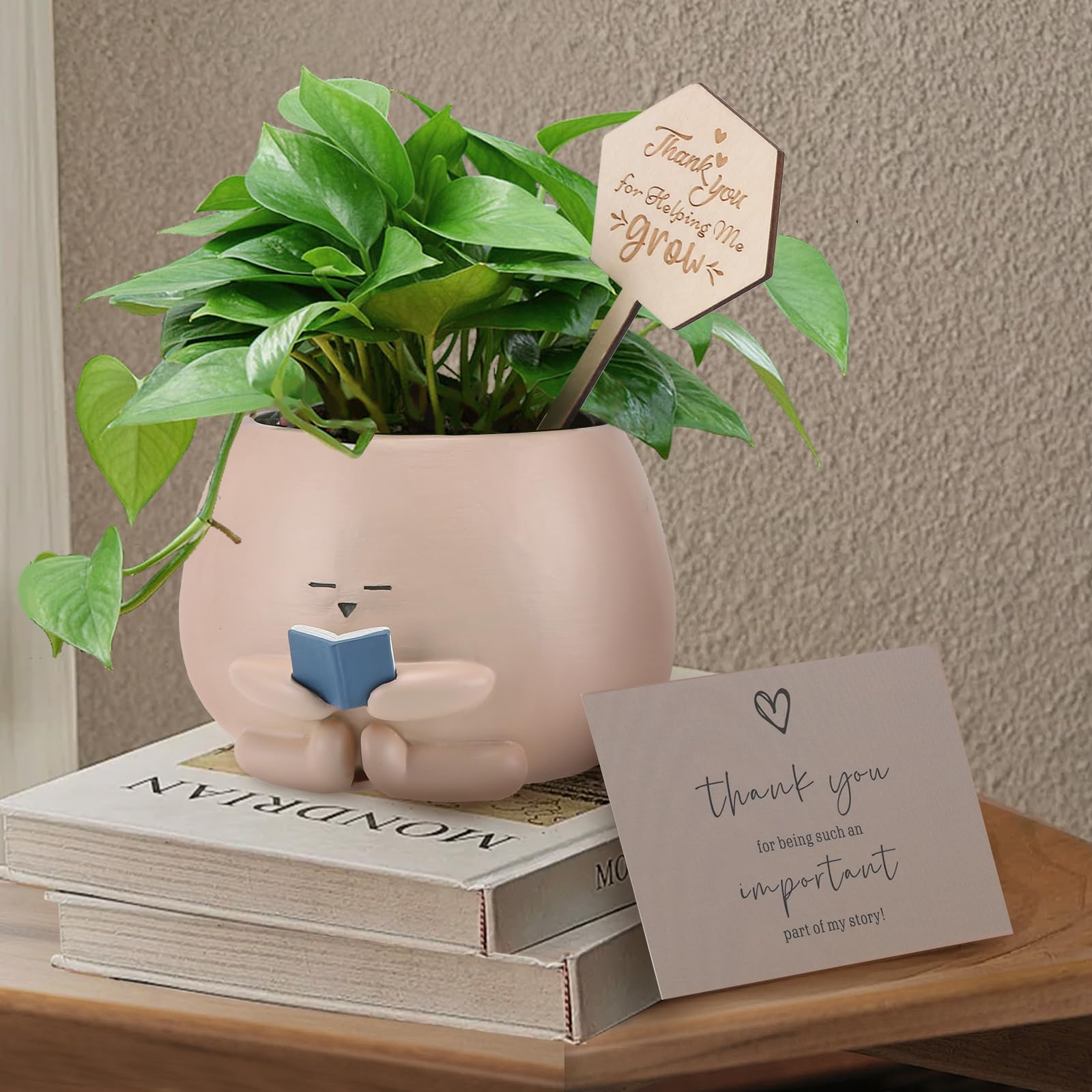 Onzbala Bookworm Planter Pot with Thank You card and wooden sign