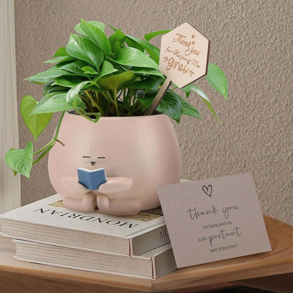 Onzbala Bookworm Planter Pot with Thank You card and wooden sign