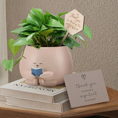 Onzbala Bookworm Planter Pot with Thank You card and wooden sign
