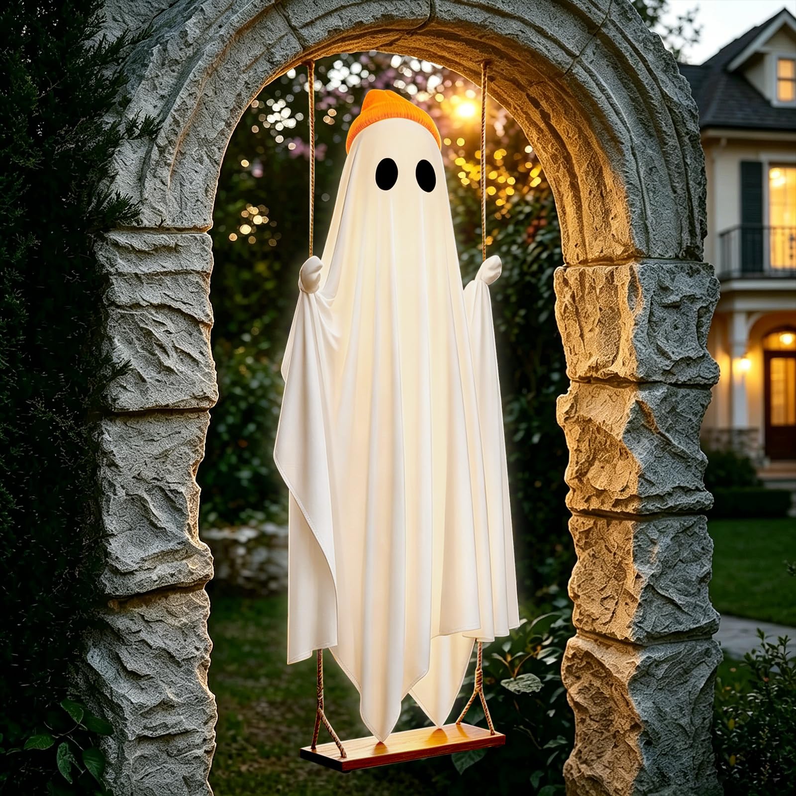 OOBILA ghost decoration on a porch with fall decor