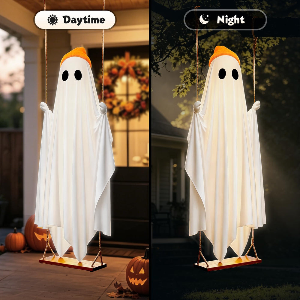 OOBILA ghost decoration with orange beanie and black felt eyes