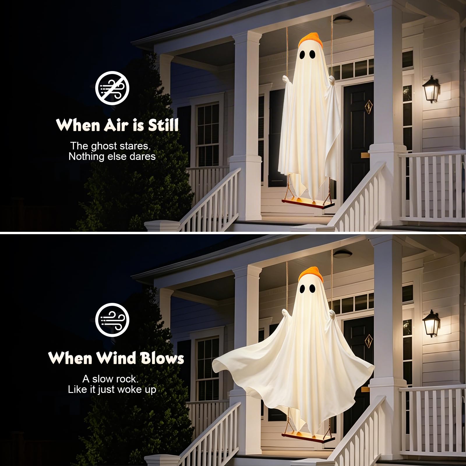 OOBILA ghost hanging in a garden during Halloween