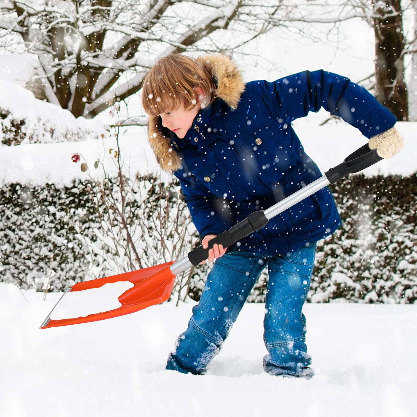 OPELETNNT Kids Snow Shovel side view showing aluminum blade