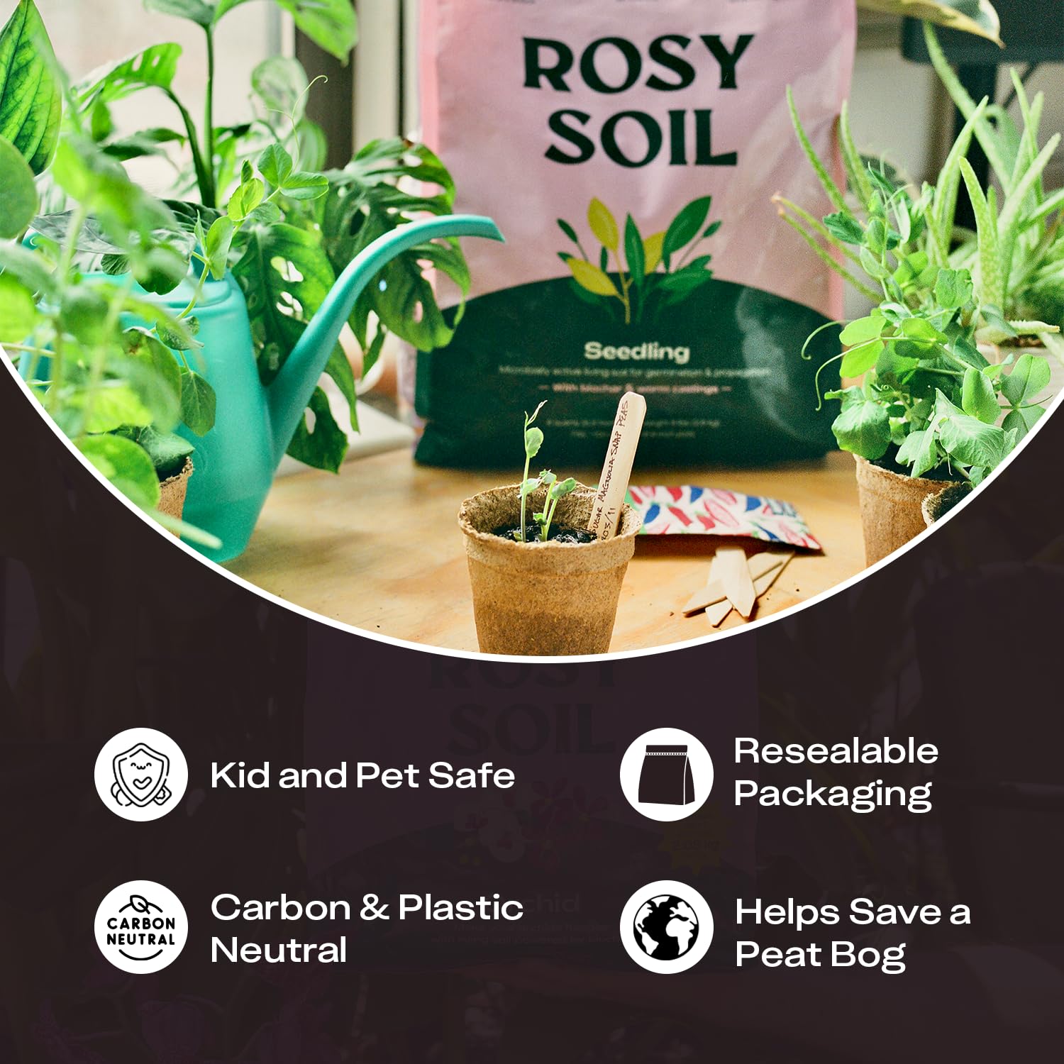 Open bag of Rosy Soil Seedling Starter Soil Mix showing contents