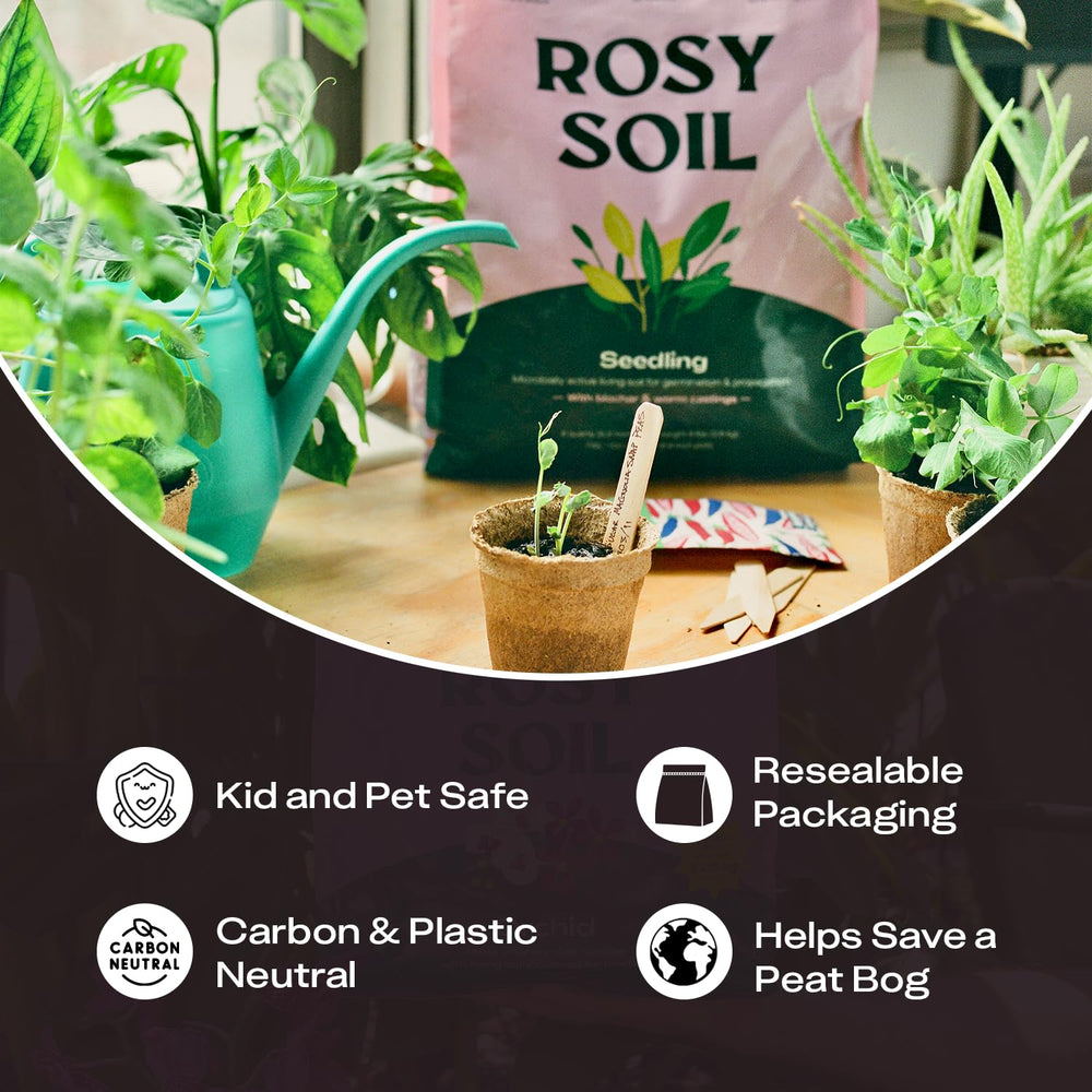 Open bag of Rosy Soil Seedling Starter Soil Mix showing contents