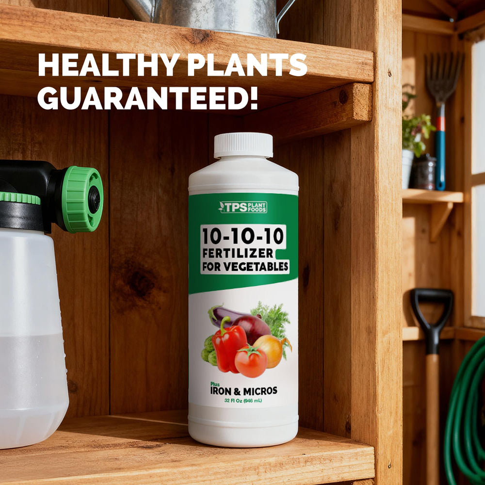 Open bottle of TPS NUTRIENTS 10-10-10 fertilizer with measuring cup