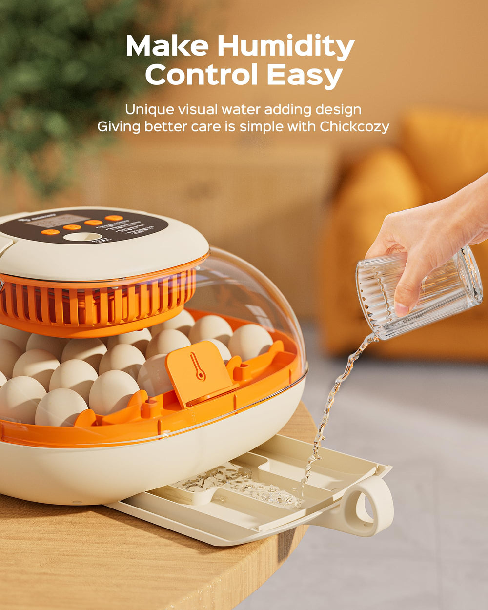 Open Chickcozy incubator displaying the interior and egg placement